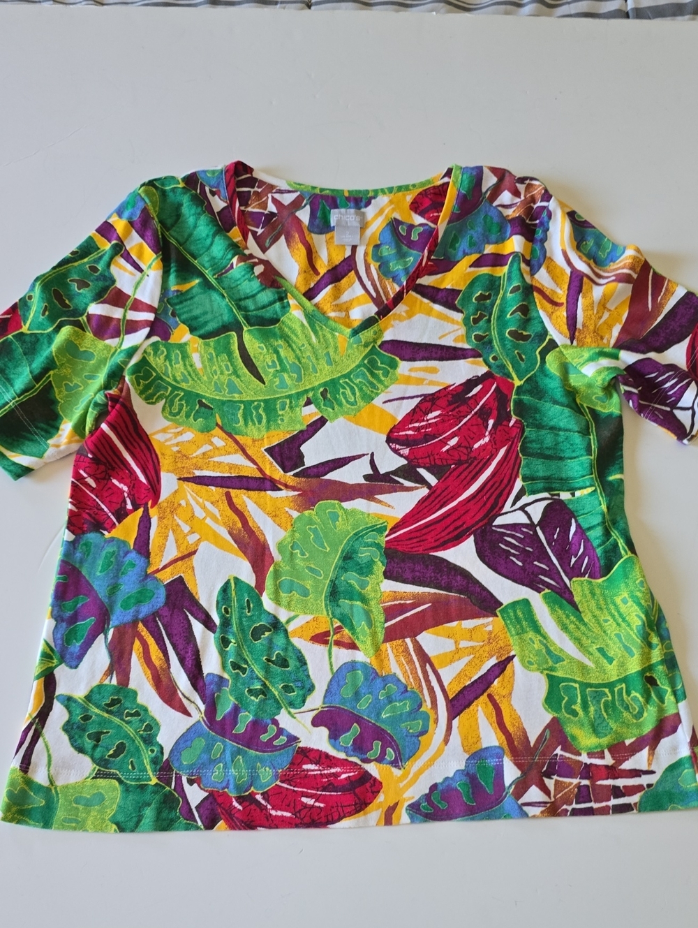 Chico's Tropical Leaf Print V-Neck Tee in Green, Yellow & Red